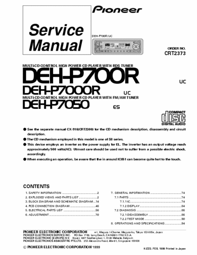 Pioneer DEH-P700R, DEH-P7050, DEH-P7000R Service Manual Car Audio, Multi CD Control HP, With RDS Tuner - (6.778Kb - pag.108) - Part 1/4